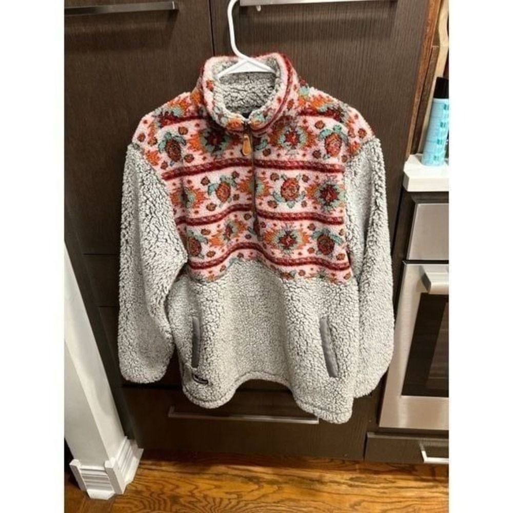 Simply Southern 1/4‎ Zip Pullover Sherpa Fleece Tribal Print Gray Red size large